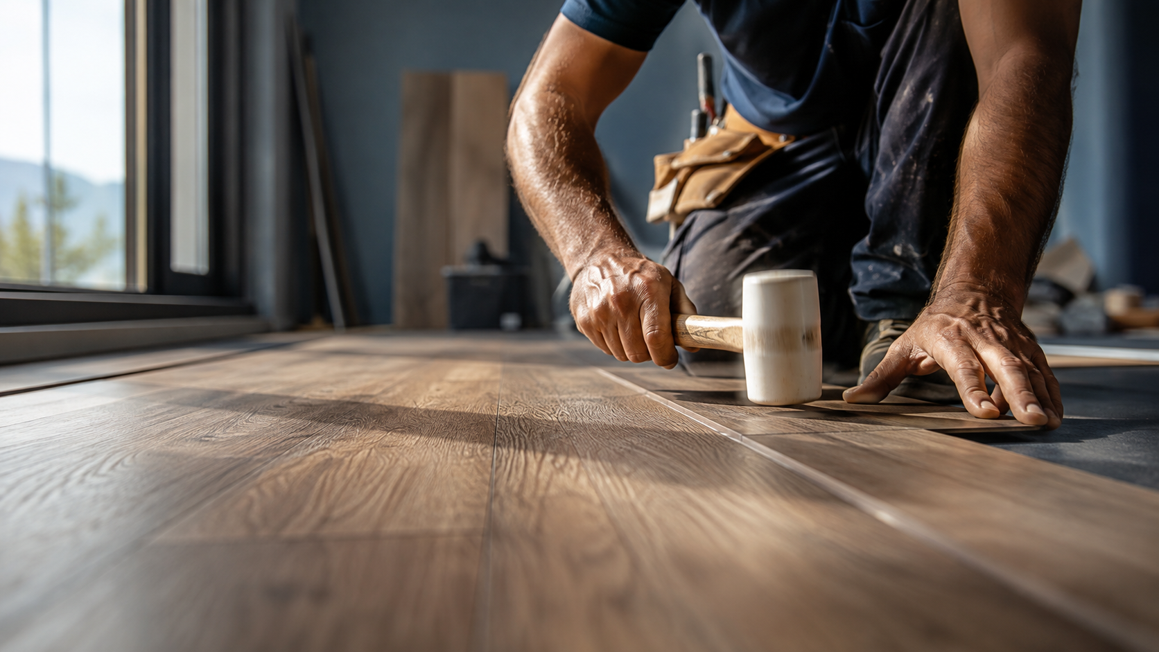 FloorMaster installer fitting hardwood flooring